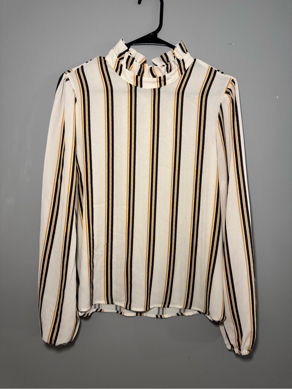 Striped Ruffle Neck Long-Sleeve Top - Cream/Black/Gold